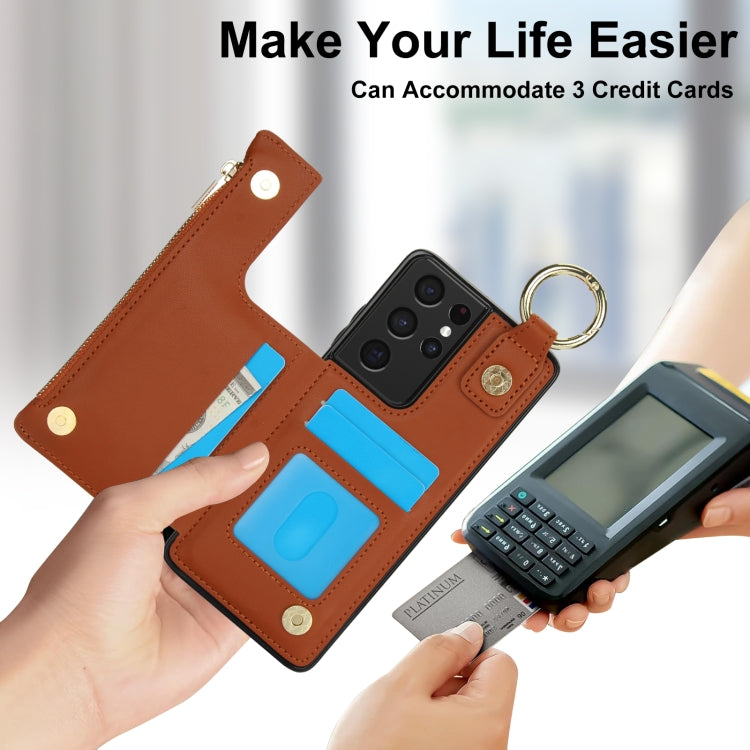 For Samsung Galaxy S21 Ultra 5G RFlD Anti-theft Double Buckle Ring Zipper Card Phone Case
