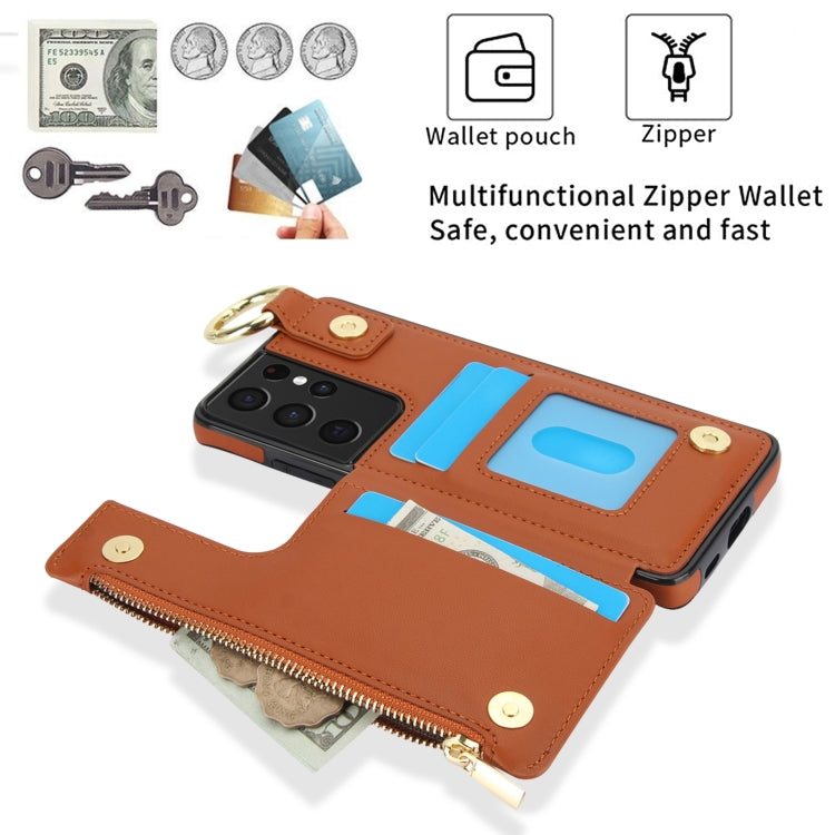 For Samsung Galaxy S21 Ultra 5G RFlD Anti-theft Double Buckle Ring Zipper Card Phone Case