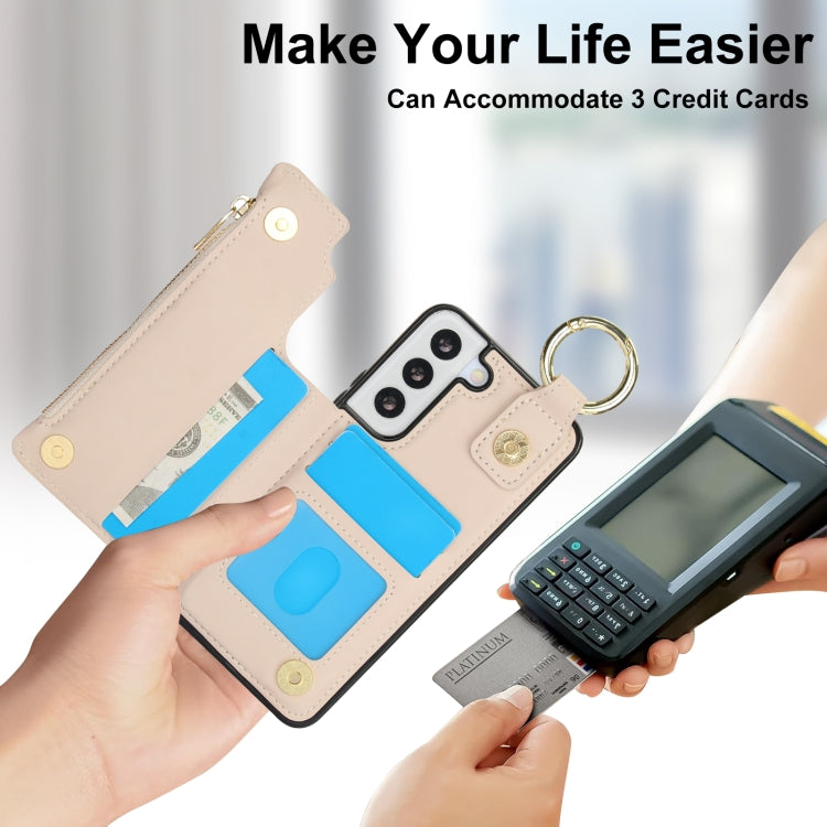 For Samsung Galaxy S22 5G RFlD Anti-theft Double Buckle Ring Zipper Card Phone Case
