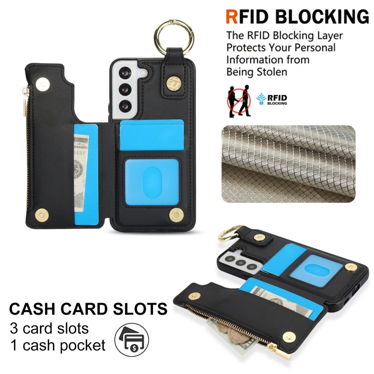 For Samsung Galaxy S22 5G RFlD Anti-theft Double Buckle Ring Zipper Card Phone Case