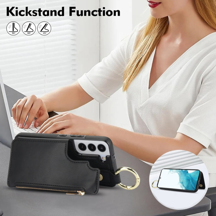 For Samsung Galaxy S22 5G RFlD Anti-theft Double Buckle Ring Zipper Card Phone Case