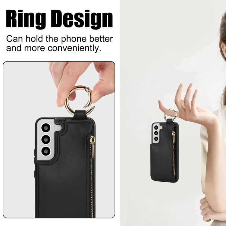 For Samsung Galaxy S22 5G RFlD Anti-theft Double Buckle Ring Zipper Card Phone Case