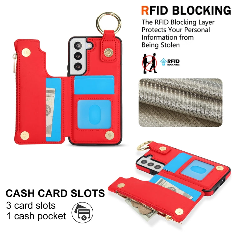 For Samsung Galaxy S22 5G RFlD Anti-theft Double Buckle Ring Zipper Card Phone Case
