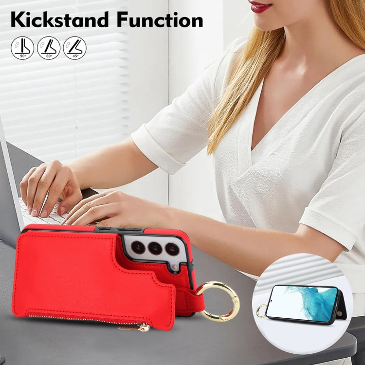 For Samsung Galaxy S22 5G RFlD Anti-theft Double Buckle Ring Zipper Card Phone Case