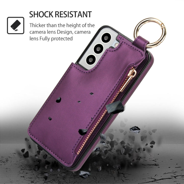For Samsung Galaxy S22 5G RFlD Anti-theft Double Buckle Ring Zipper Card Phone Case
