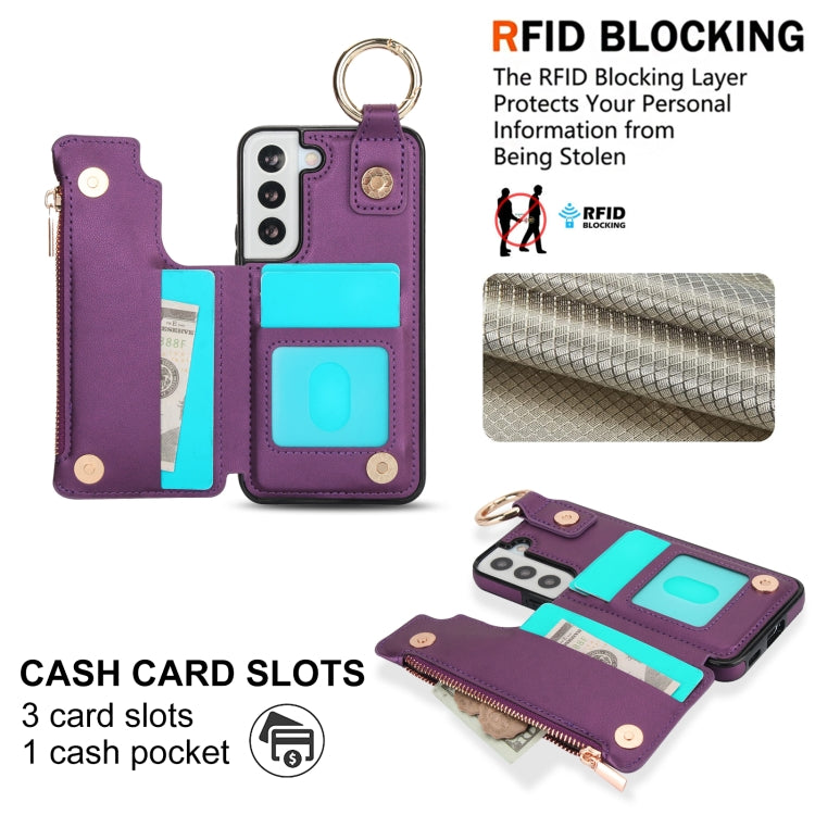 For Samsung Galaxy S22 5G RFlD Anti-theft Double Buckle Ring Zipper Card Phone Case