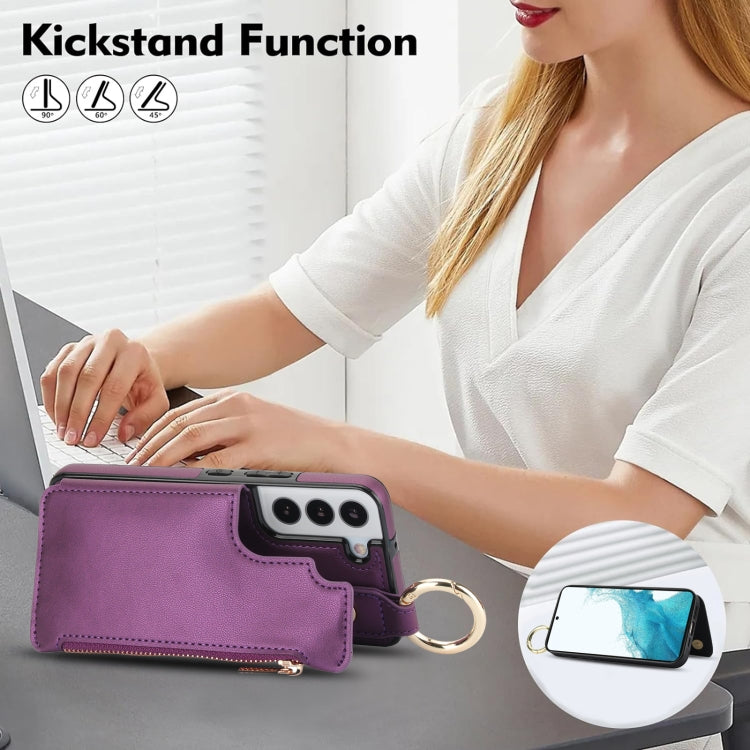 For Samsung Galaxy S22 5G RFlD Anti-theft Double Buckle Ring Zipper Card Phone Case