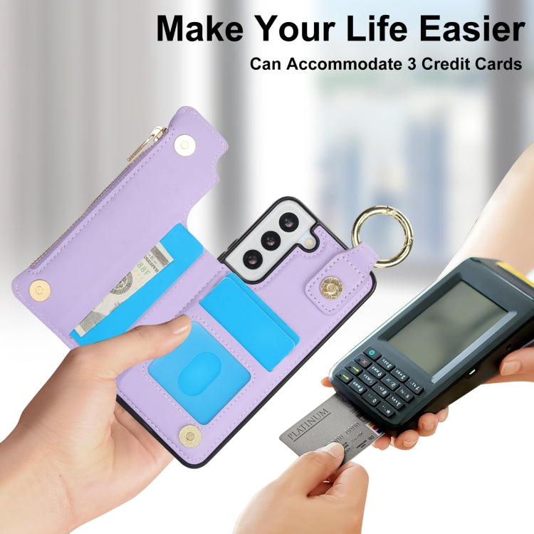 For Samsung Galaxy S22 5G RFlD Anti-theft Double Buckle Ring Zipper Card Phone Case