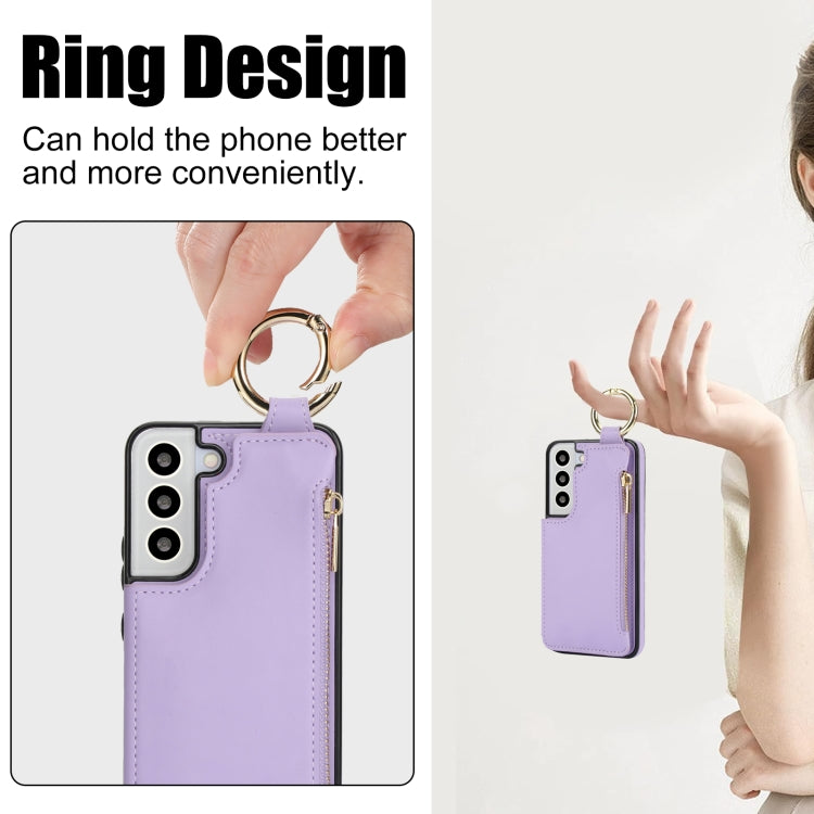 For Samsung Galaxy S22 5G RFlD Anti-theft Double Buckle Ring Zipper Card Phone Case