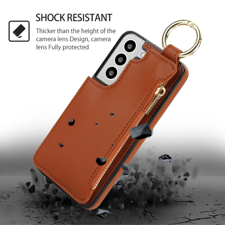 For Samsung Galaxy S22 5G RFlD Anti-theft Double Buckle Ring Zipper Card Phone Case