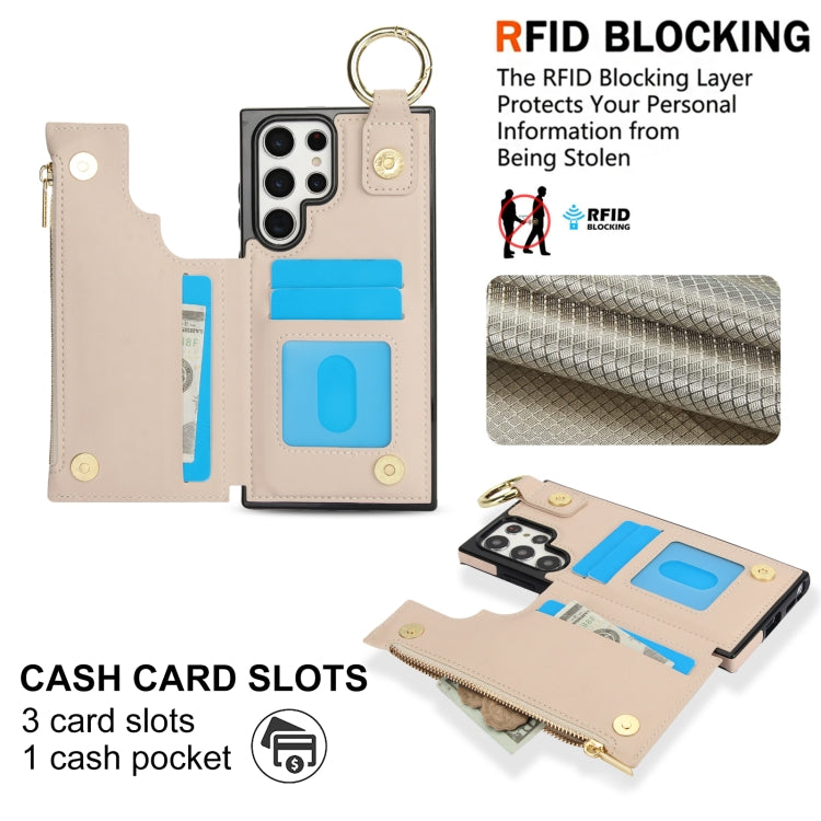 For Samsung Galaxy S22 Ultra 5G RFlD Anti-theft Double Buckle Ring Zipper Card Phone Case