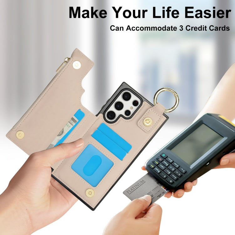 For Samsung Galaxy S22 Ultra 5G RFlD Anti-theft Double Buckle Ring Zipper Card Phone Case