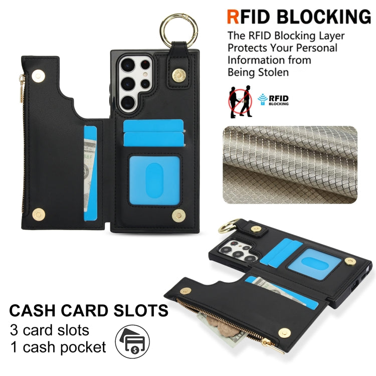 For Samsung Galaxy S22 Ultra 5G RFlD Anti-theft Double Buckle Ring Zipper Card Phone Case
