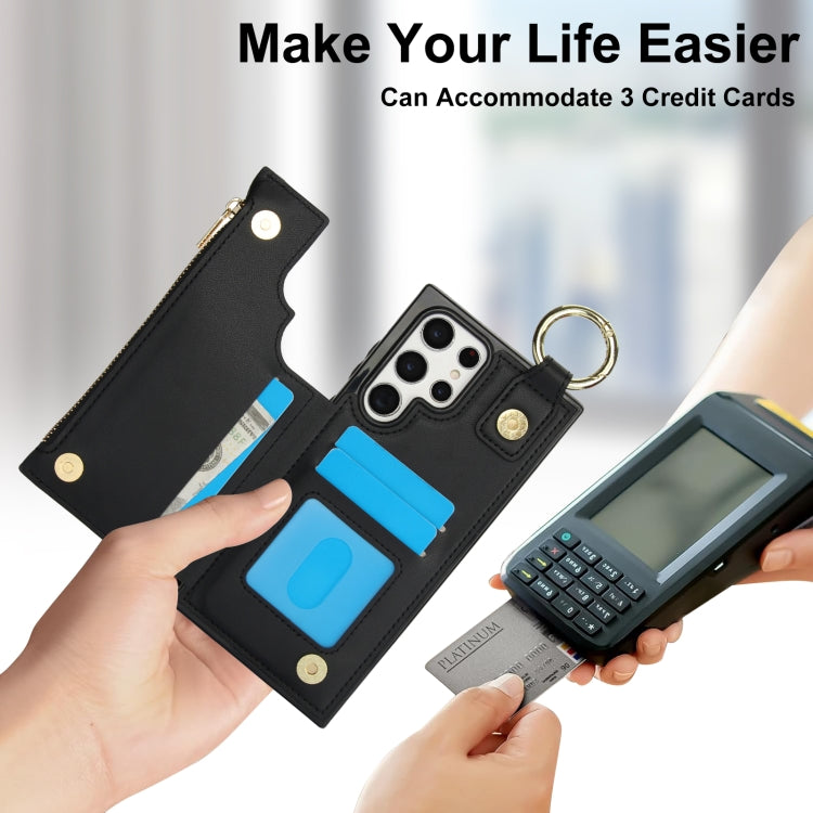 For Samsung Galaxy S22 Ultra 5G RFlD Anti-theft Double Buckle Ring Zipper Card Phone Case