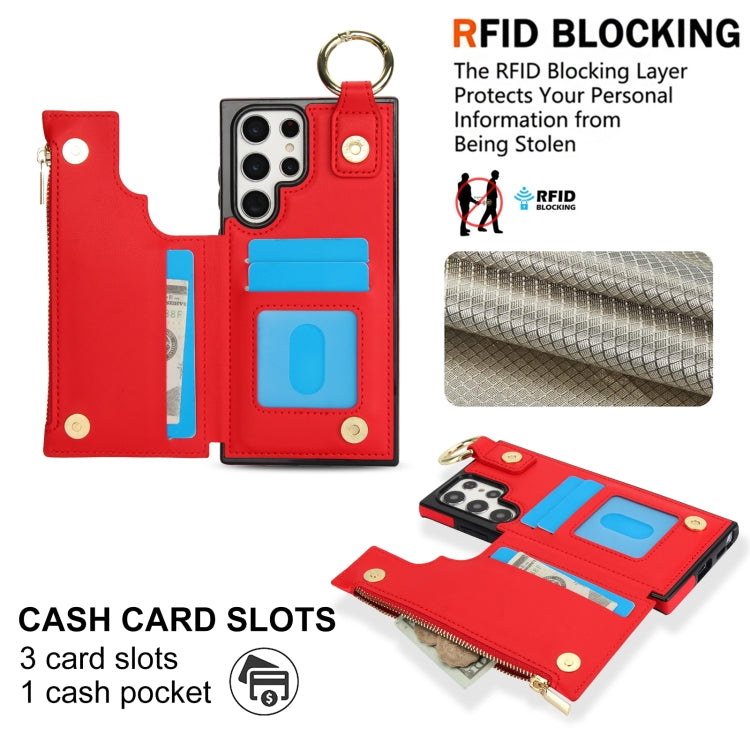 For Samsung Galaxy S22 Ultra 5G RFlD Anti-theft Double Buckle Ring Zipper Card Phone Case