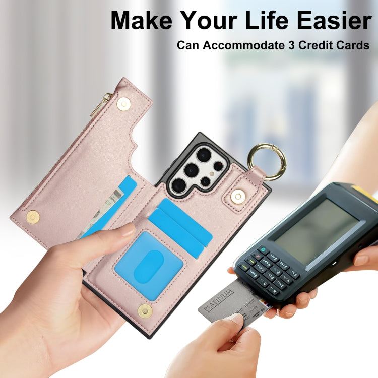 For Samsung Galaxy S22 Ultra 5G RFlD Anti-theft Double Buckle Ring Zipper Card Phone Case