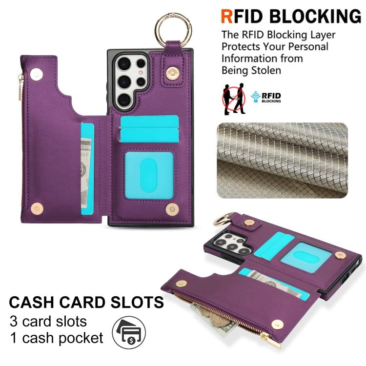 For Samsung Galaxy S22 Ultra 5G RFlD Anti-theft Double Buckle Ring Zipper Card Phone Case
