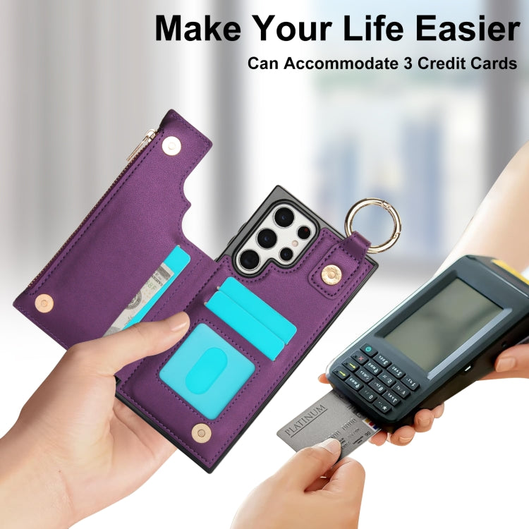 For Samsung Galaxy S22 Ultra 5G RFlD Anti-theft Double Buckle Ring Zipper Card Phone Case