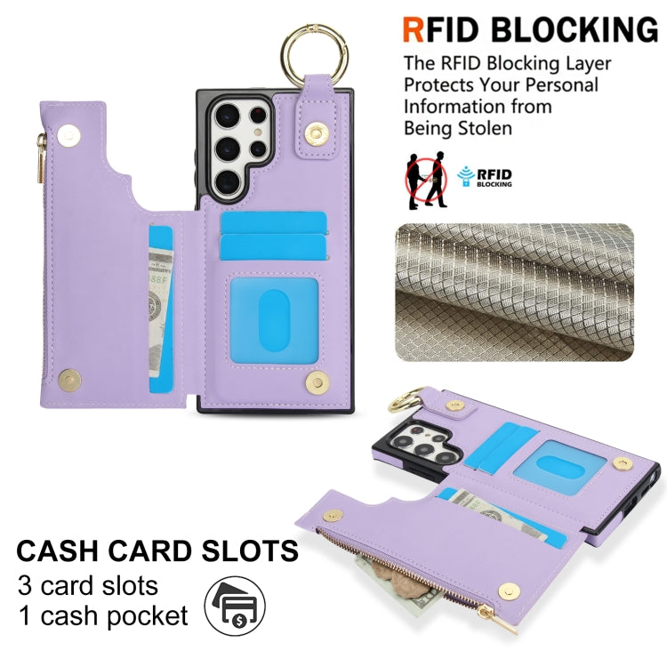 For Samsung Galaxy S22 Ultra 5G RFlD Anti-theft Double Buckle Ring Zipper Card Phone Case