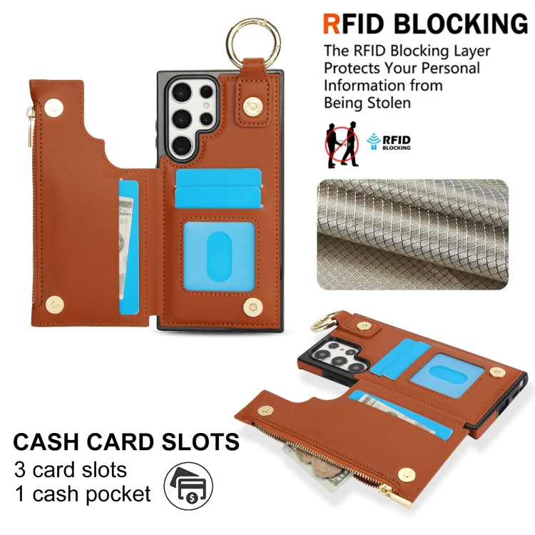 For Samsung Galaxy S22 Ultra 5G RFlD Anti-theft Double Buckle Ring Zipper Card Phone Case