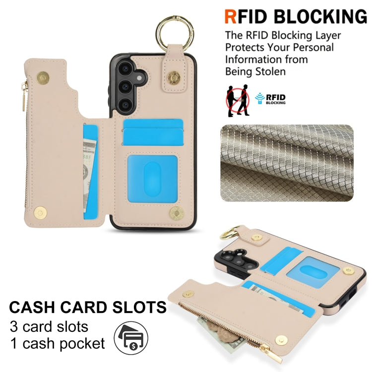 For Samsung Galaxy S23 FE 5G RFlD Anti-theft Double Buckle Ring Zipper Card Phone Case