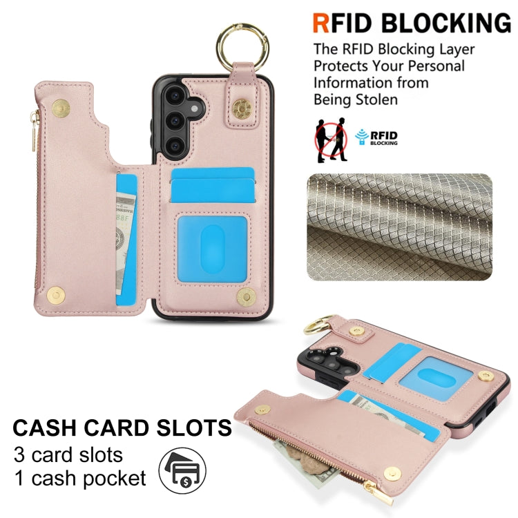 For Samsung Galaxy S23 FE 5G RFlD Anti-theft Double Buckle Ring Zipper Card Phone Case