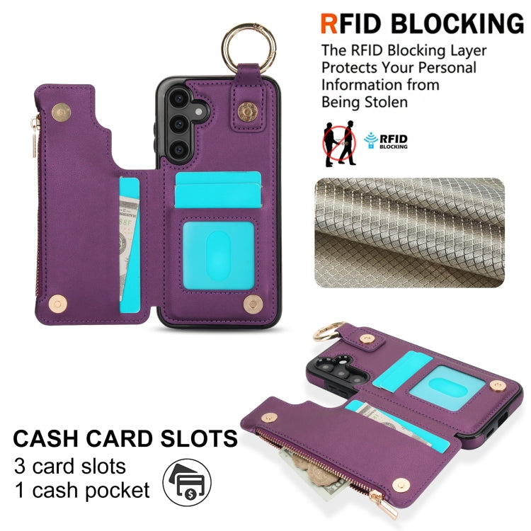 For Samsung Galaxy S23 FE 5G RFlD Anti-theft Double Buckle Ring Zipper Card Phone Case