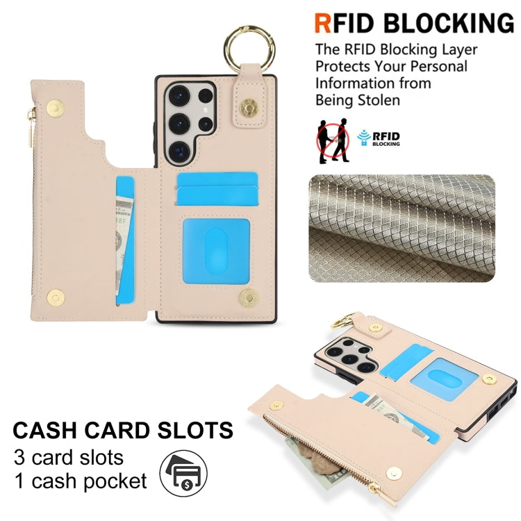 For Samsung Galaxy S23 Ultra 5G RFlD Anti-theft Double Buckle Ring Zipper Card Phone Case
