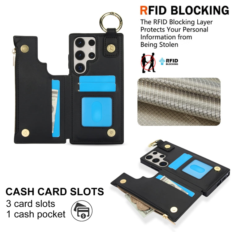 For Samsung Galaxy S23 Ultra 5G RFlD Anti-theft Double Buckle Ring Zipper Card Phone Case