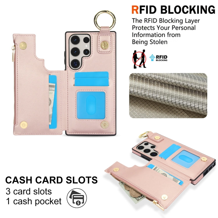 For Samsung Galaxy S23 Ultra 5G RFlD Anti-theft Double Buckle Ring Zipper Card Phone Case