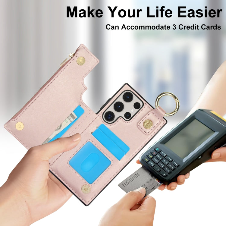 For Samsung Galaxy S23 Ultra 5G RFlD Anti-theft Double Buckle Ring Zipper Card Phone Case
