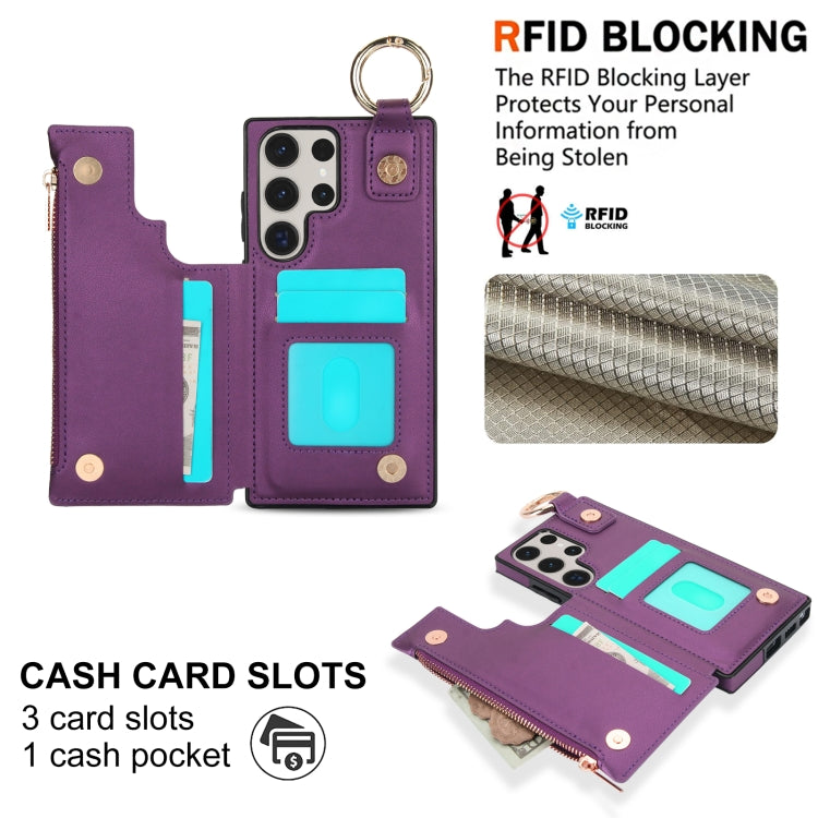For Samsung Galaxy S23 Ultra 5G RFlD Anti-theft Double Buckle Ring Zipper Card Phone Case