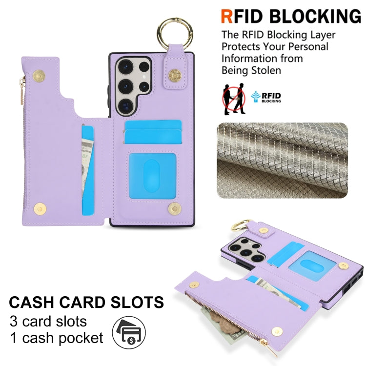 For Samsung Galaxy S23 Ultra 5G RFlD Anti-theft Double Buckle Ring Zipper Card Phone Case