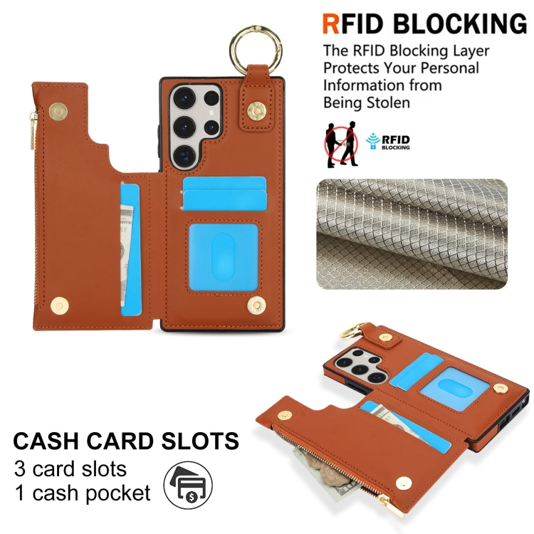 For Samsung Galaxy S23 Ultra 5G RFlD Anti-theft Double Buckle Ring Zipper Card Phone Case