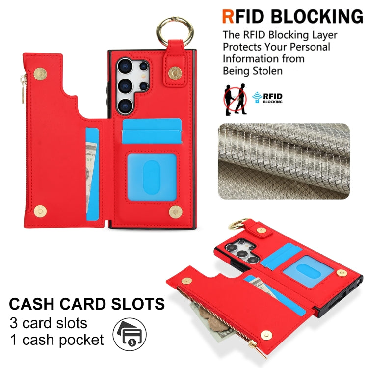 For Samsung Galaxy S24 Ultra 5G RFlD Anti-theft Double Buckle Ring Zipper Card Phone Case
