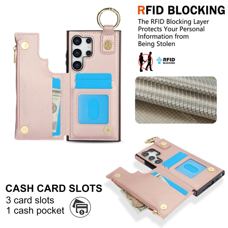 For Samsung Galaxy S24 Ultra 5G RFlD Anti-theft Double Buckle Ring Zipper Card Phone Case
