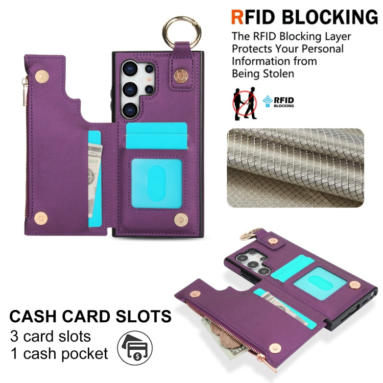 For Samsung Galaxy S24 Ultra 5G RFlD Anti-theft Double Buckle Ring Zipper Card Phone Case