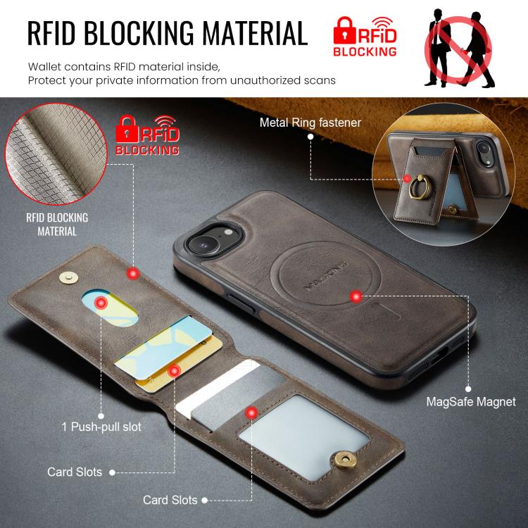 For iPhone 17e / 16e MAGKING K1 MagSafe Detachable Wallet RFID Back Cover Phone Case
