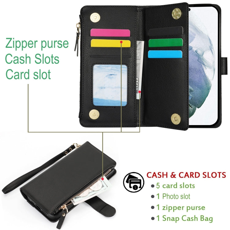 For Samsung Galaxy S21 FE 5G Wristband Holder Zipper Purse RFID Leather Phone Case