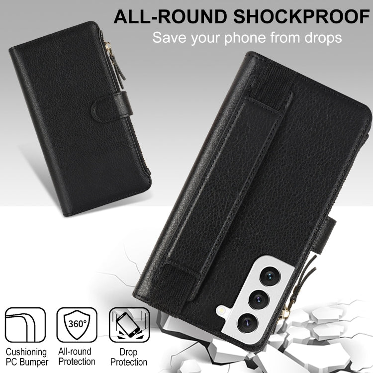 For Samsung Galaxy S21 FE 5G Wristband Holder Zipper Purse RFID Leather Phone Case
