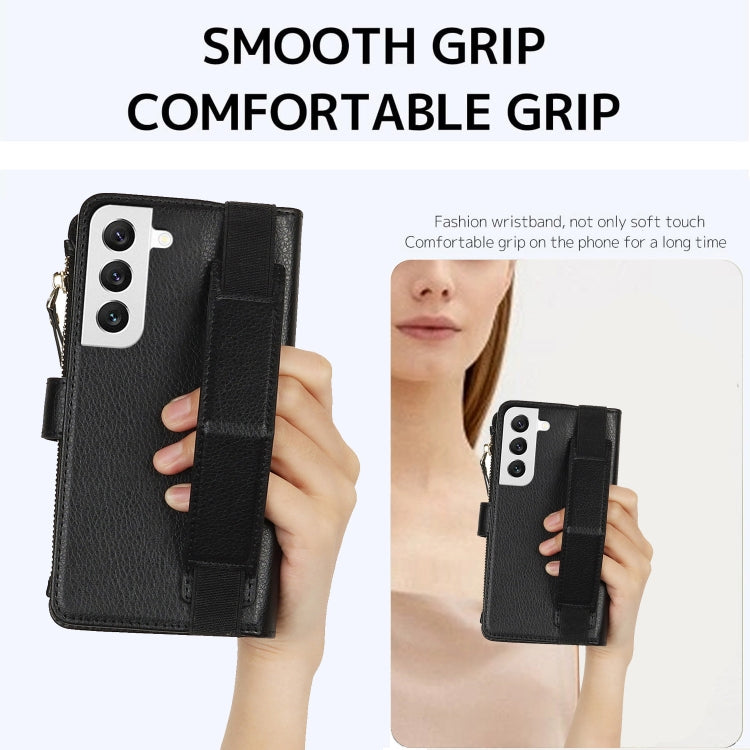 For Samsung Galaxy S21 FE 5G Wristband Holder Zipper Purse RFID Leather Phone Case