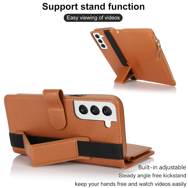 For Samsung Galaxy S21 FE 5G Wristband Holder Zipper Purse RFID Leather Phone Case