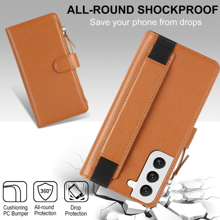For Samsung Galaxy S21 FE 5G Wristband Holder Zipper Purse RFID Leather Phone Case