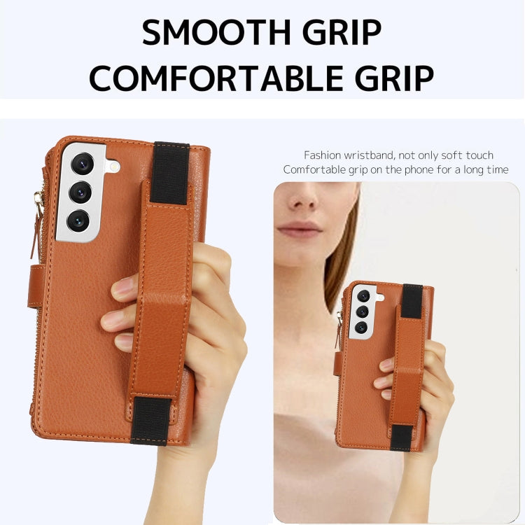 For Samsung Galaxy S21 FE 5G Wristband Holder Zipper Purse RFID Leather Phone Case