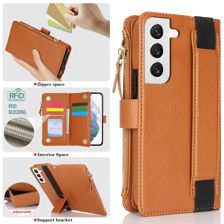 For Samsung Galaxy S21 FE 5G Wristband Holder Zipper Purse RFID Leather Phone Case