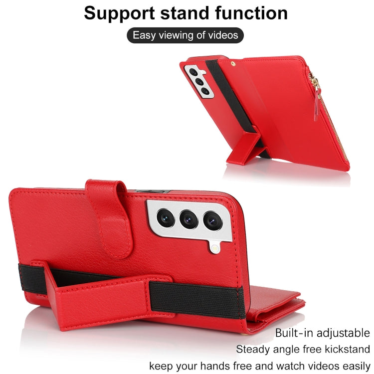 For Samsung Galaxy S21 FE 5G Wristband Holder Zipper Purse RFID Leather Phone Case