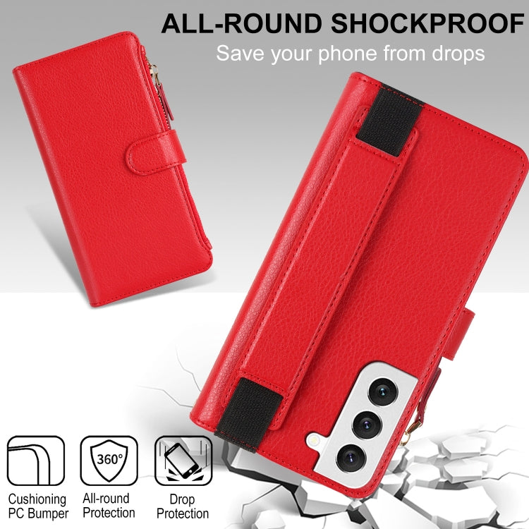 For Samsung Galaxy S21 FE 5G Wristband Holder Zipper Purse RFID Leather Phone Case