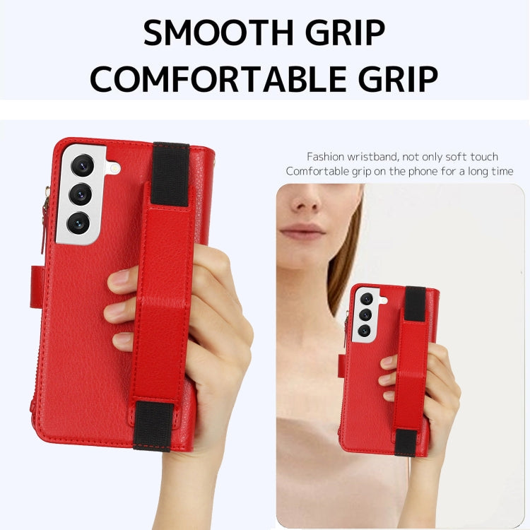 For Samsung Galaxy S21 FE 5G Wristband Holder Zipper Purse RFID Leather Phone Case