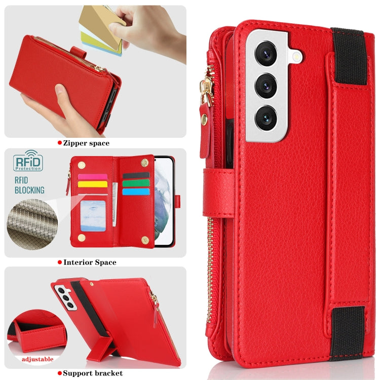 For Samsung Galaxy S21 FE 5G Wristband Holder Zipper Purse RFID Leather Phone Case