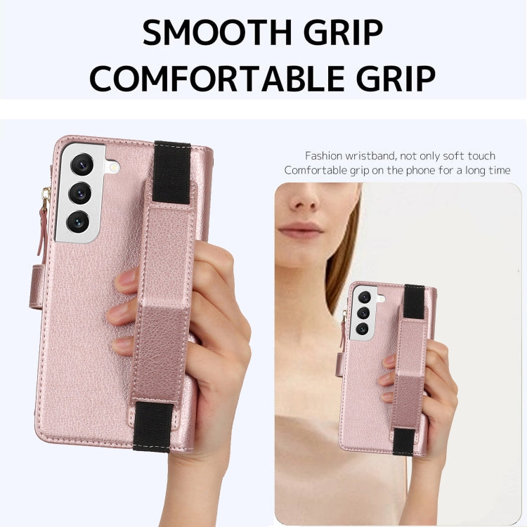 For Samsung Galaxy S21 FE 5G Wristband Holder Zipper Purse RFID Leather Phone Case
